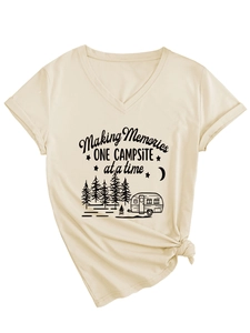 Detail of V-neck beige camping t-shirt with Making Memories print and front knot tie