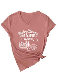 Detail of dusty rose V-neck T-shirt showing Making Memories camping print and front knot