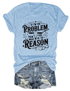 Detail of light blue t-shirt with bull skull print paired with ripped denim shorts