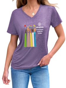 V-Ausschnitt T-Shirt in Lila Melange mit Regenbogen-Friedenssymbol und Grafikprint