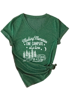 Detailed flat lay of V-neck heather green T-shirt with Making Memories camping graphic
