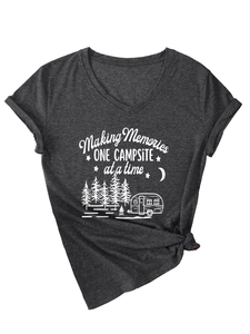 Detail of V-neck dark grey t-shirt showing Making Memories camping print and knotted hem