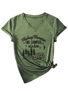 Detail of V-neck dark green T-shirt with camping print and stylish front knot hem