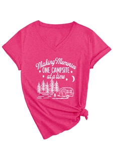 Hot pink V-neck t-shirt with Making Memories camping print and side-tied hem detail