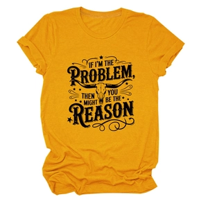 Close-up of ginger yellow t-shirt showing graphic bull skull and slogan with folded sleeves