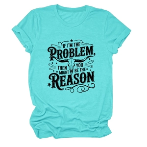 Detail of turquoise t-shirt featuring cow skull graphic and vintage artistic lettering