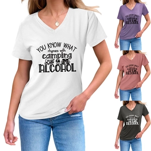 Detail of V-neck cotton t-shirts with camping alcohol print in four colors