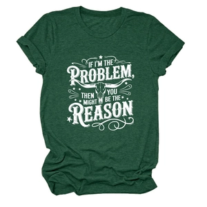 Close-up of heather green cotton t-shirt featuring bull skull and slogan graphic print
