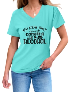 Detail of turquoise V-neck T-shirt featuring You Know What Rhymes With Camping Alcohol print