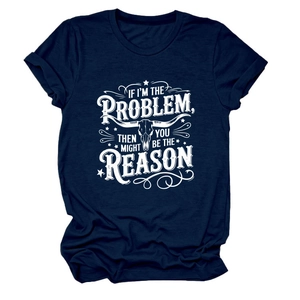 Detailed view of dark blue t-shirt featuring a bull skull graphic and bold white quote