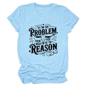 Close-up of retro bull skull graphic and slogan print on light blue cotton t-shirt