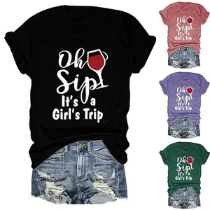Maglietta Casual da Donna a Manica Corta Oh Sip It's a Girl's Trip Slogan Calice da Vino Girocollo Estiva in Cotone