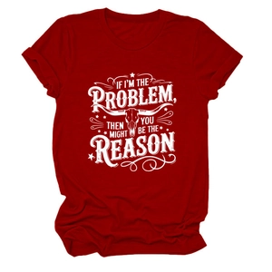 Detail of white bull skull print and vintage quote on deep red cotton t-shirt