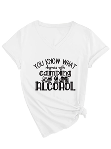 Close-up of V-neck white cotton T-shirt with camping slogans and front knot detail