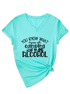 Detail view of V-neck light teal T-shirt with front camping print and stylish hem knot