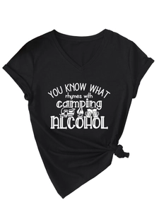 Detail of V-neck black T-shirt with camping and alcohol humor graphic and knot detail