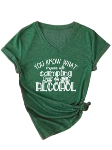 Green V-neck T-shirt with white camping and alcohol graphic print and tied hem detail