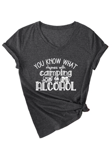 Detail of V-neck T-shirt showing heathered charcoal fabric and camping alcohol print