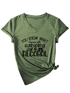 Detail of V-neck dark green camping t-shirt with campfire and alcohol quote print