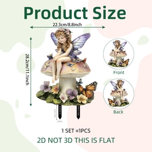 Garden fairy gnome decoration on colorful mushroom with detailed 2D double-sided printing