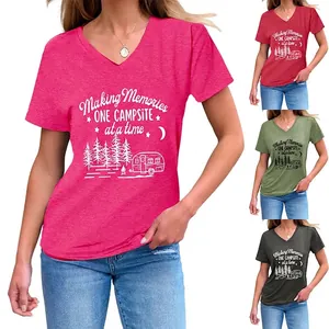 Women V-Neck T-Shirt Cotton Blend Casual Short Sleeve Camping Theme Print Relaxed Fit Making Memories Top
