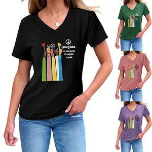 Imagine All The People Peace Print Damen V-Ausschnitt T-Shirt Baumwollmischung Kurzarm Sommer Casual Top