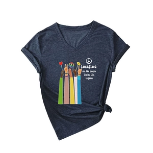 Damen V-Ausschnitt T-Shirt in Dunkelgrau mit Knotensaum und buntem Friedensmotiv-Druck