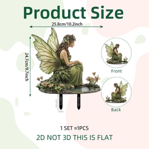 2D fairy garden stake decoration with green wings shown in front and back views