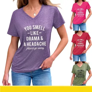 Damen V-Ausschnitt Kurzarm T-Shirt Baumwollmischung Slogan Grafik Buchstabendruck Lässig Locker Geknoteter Saum Sommer Tops