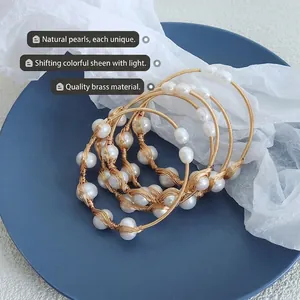 Handmade brass layered bracelets with natural baroque freshwater pearls on soft wire