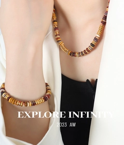 Detailed shot of gold-plated beaded necklace and bracelet set with natural mixed stones