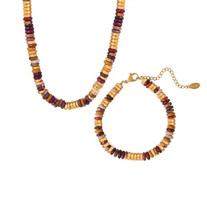Natural Stone Beaded Necklace And Bracelet Titanium Steel Gold Plated Ethnic Retro Style Women Jewelry
