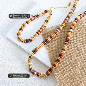 Ethnic mixed natural stone necklace and bracelet set with gold-plated spacers and extension chain