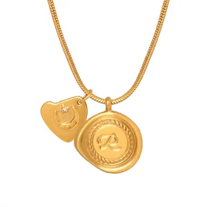 Collier Double Pendentif Acier Titane Plaqué Or Coeur Lune Étoile Lettre R Design Strass Chaîne Serpent Femmes