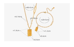 Detailed size specifications for gold pendant necklace and matching bracelet set