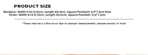 Detailed size chart for square pendant necklace and anklet set with exact measurements
