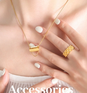Detail of 18K gold-plated square pendant necklace and band ring set on model