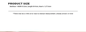 Detailed size chart for the heart pendant necklace with length and width dimensions