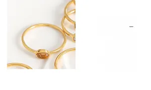 Close-up of gold-plated titanium ring featuring an oval yellow gemstone on white background