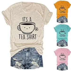 T-Shirt Femmes Mélange De Coton Manches Courtes Col Rond Imprimé Humoristique Graphique Tasse De Thé Haut Décontracté Vintage