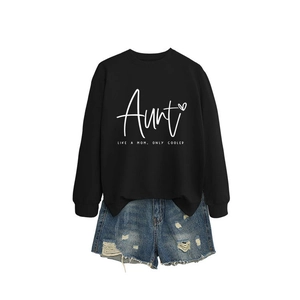 Black crewneck sweatshirt with Aunt Like A Mom slogan and distressed denim shorts set