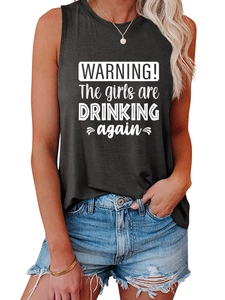 Close-up of the slogan print on this dark grey casual sleeveless tank top for women