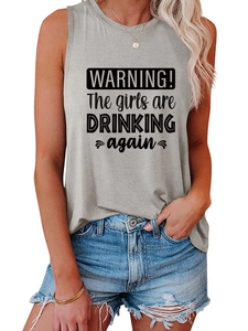 Detail view of the gray Warning The Girls Are Drinking Again slogan tank top fabric