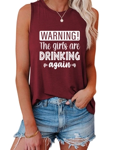 Detail of burgundy tank top with white slogan Warning The Girls Are Drinking Again text
