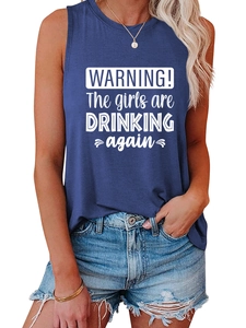 Detail of dark blue tank top featuring white WARNING the girls are DRINKING again slogan
