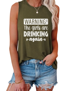 Close-up of olive green tank top with Warning The Girls are Drinking Again print
