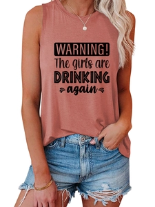 Detailed close-up of pink 'The girls are DRINKING again' slogan on cotton tank top