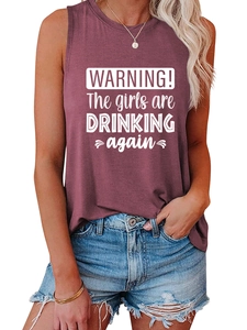 Detailed view of women's burgundy tank top with WARNING the girls printed text