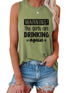 Detail of army green sleeveless tank top with Warning The Girls Are Drinking text