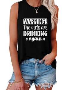 Detail of black cotton tank top featuring WARNING! The girls are DRINKING again print
